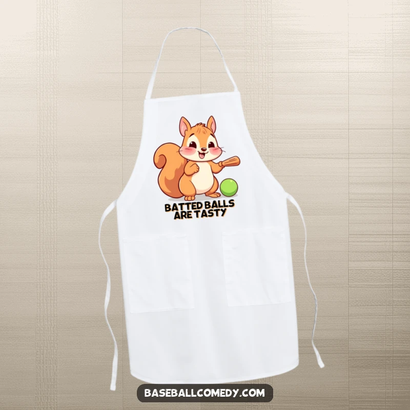 Funny apron with a cartoon squirrel playing baseball, swinging a tiny bat while wearing a chef's hat, bringing humor to the kitchen.
