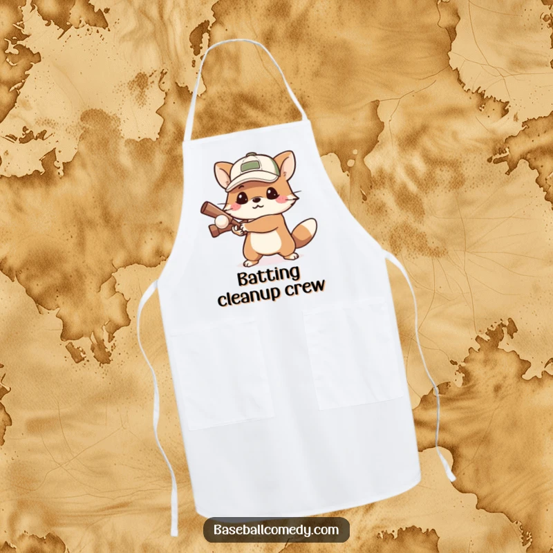 Funny apron depicting a determined animal in a cap, focused on batting a small ball, ready for kitchen challenges.