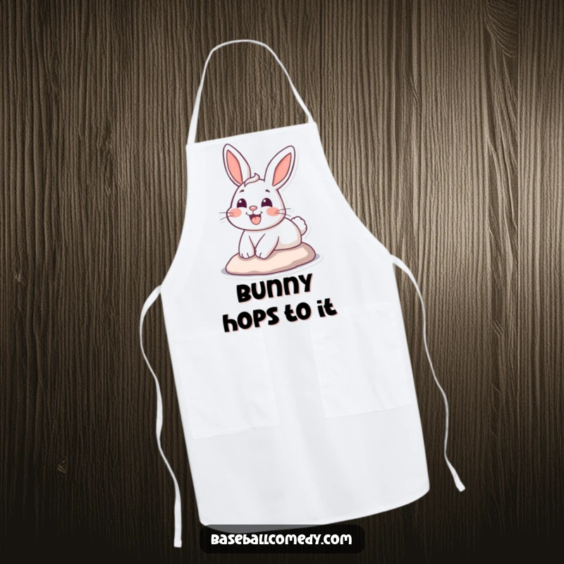 Funny apron with a happy cartoon bunny rabbit sliding into home plate with a grin, ready to cook up a storm.