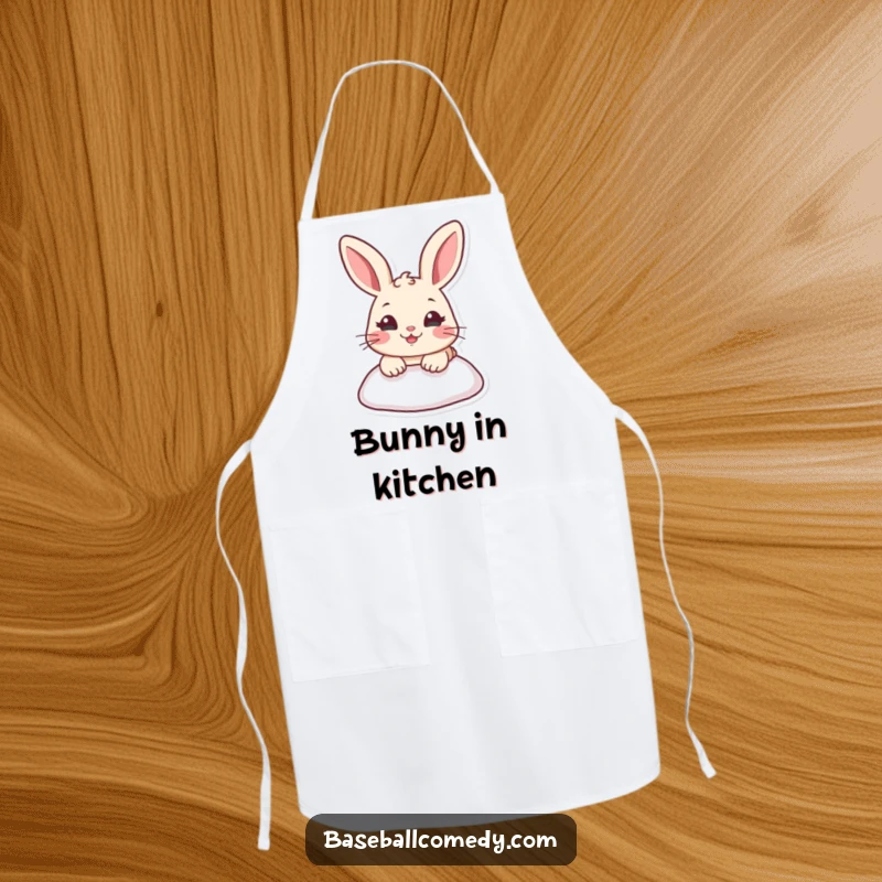 Funny apron featuring a cartoon rabbit sliding into a baseball base, perfect for a humorous and protective kitchen experience.
