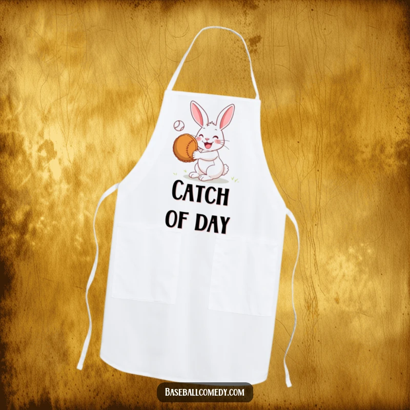 Funny Apron: A joyful rabbit uses a giant mitt to catch a baseball, designed for the playful home chef.