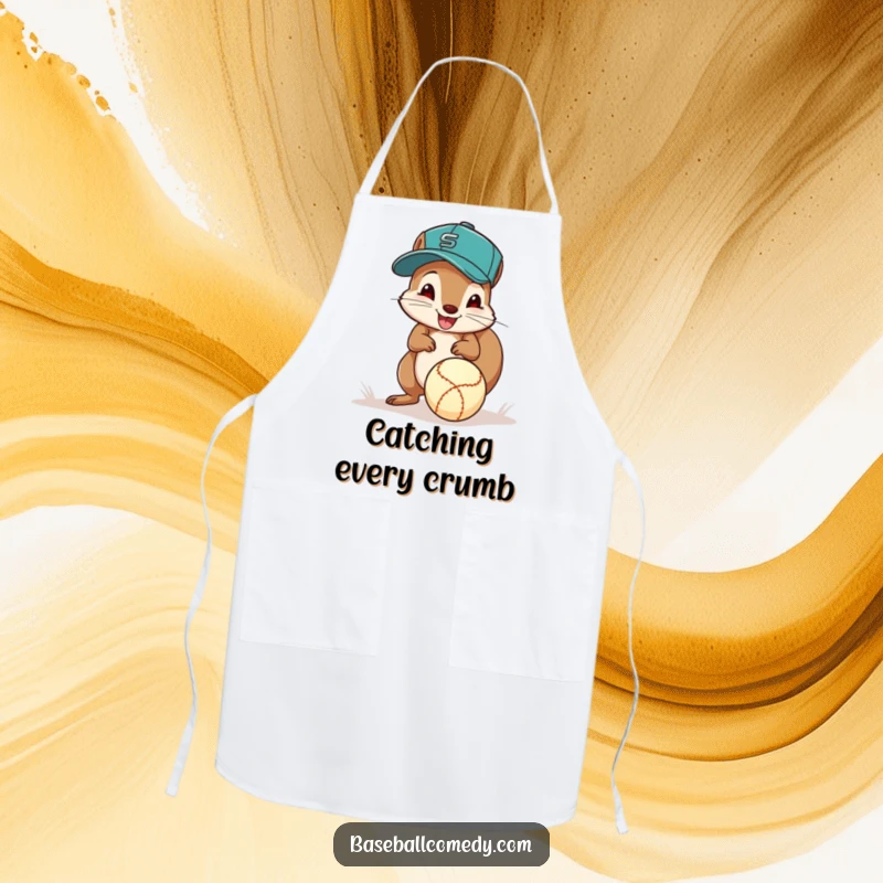 Funny squirrel baseball apron, a squirrel in a cap excitedly fields a ground ball with its paws, ideal for culinary fun.