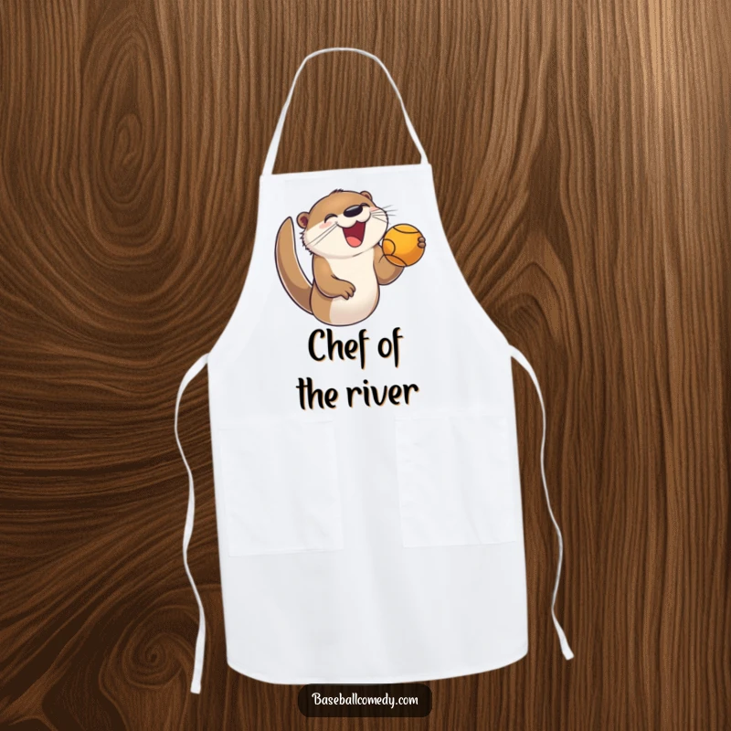 Funny apron featuring a joyful otter enthusiastically catching a foul ball, a humorous and practical kitchen item.