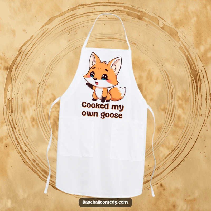 Funny apron featuring a silly fox comically striking out, a humorous and practical kitchen item.