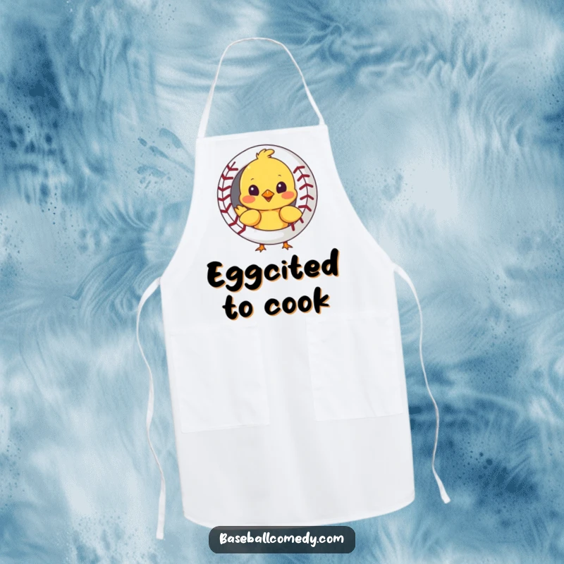 Funny apron with a curious chick peeking out from behind a baseball, perfect for a cute and humorous kitchen experience.