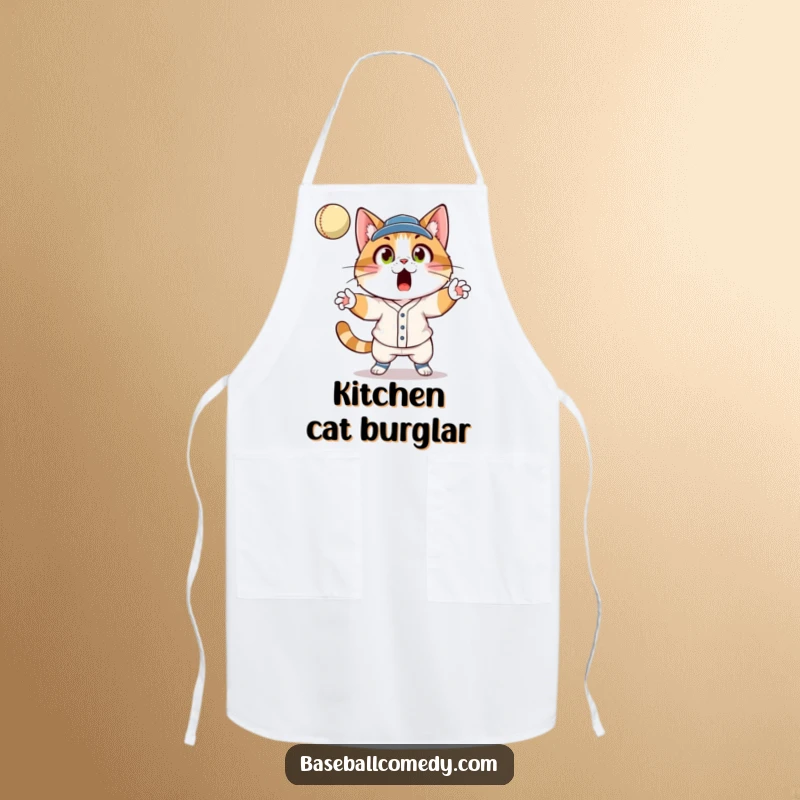 Funny cat in baseball uniform, surprised expression, catching a fly ball, printed on a practical kitchen apron.