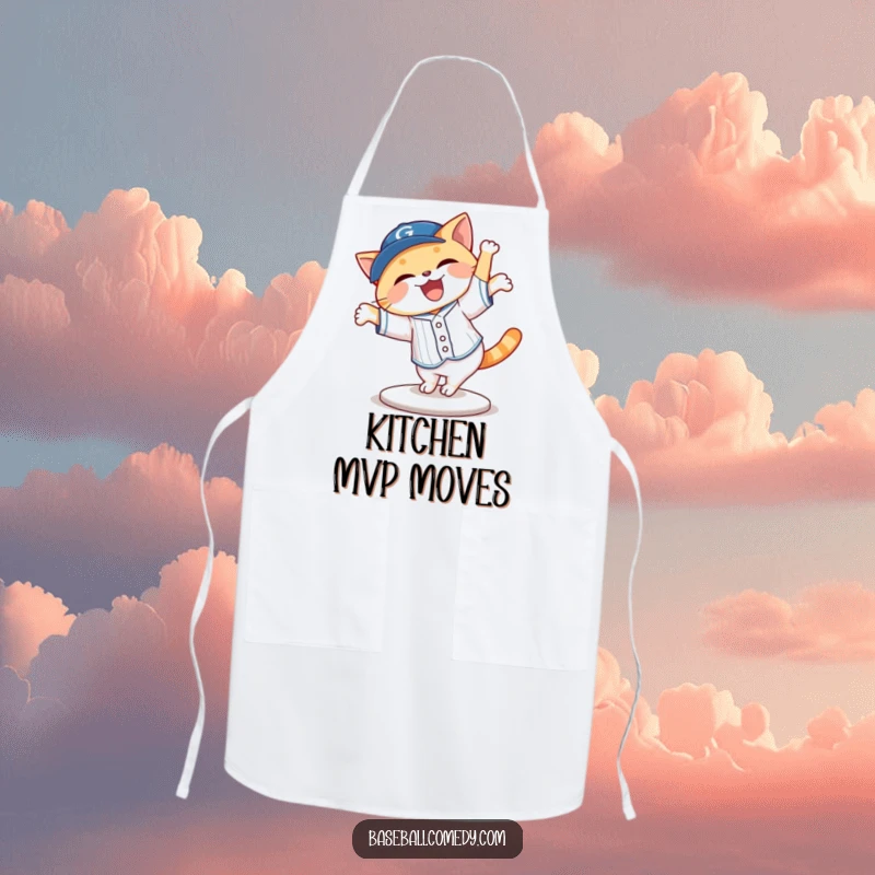 Funny cat in a baseball uniform cartwheeling near a kitchen counter, on a funny apron, humorous cooking accessory.