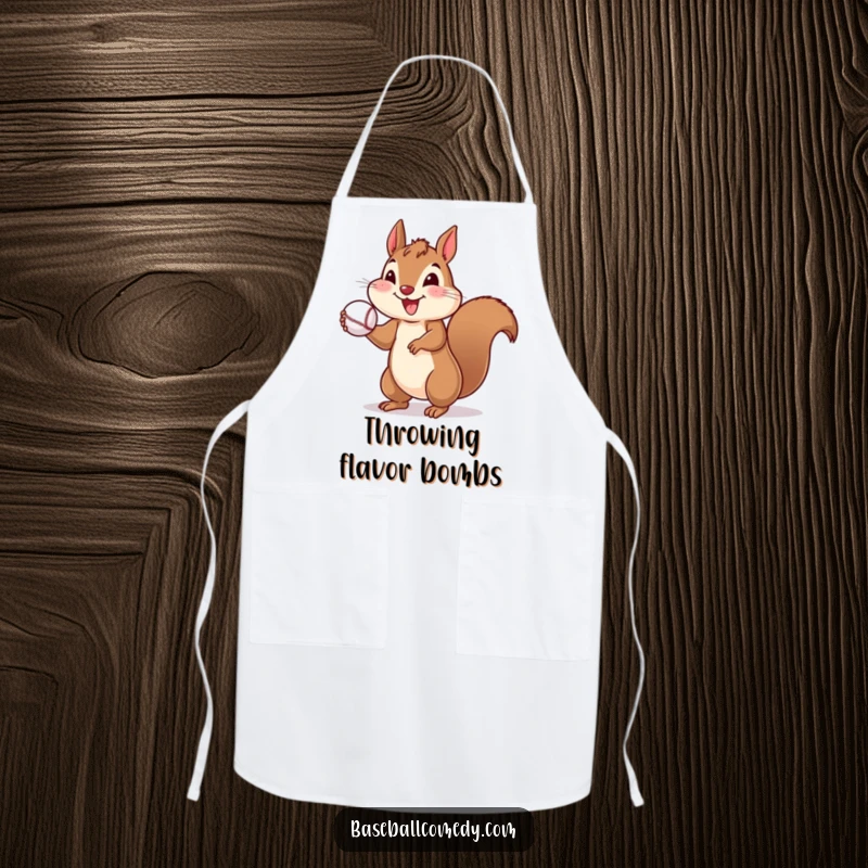 Funny apron with a cheerful squirrel throwing a baseball, perfect for a fun and humorous cooking experience.
