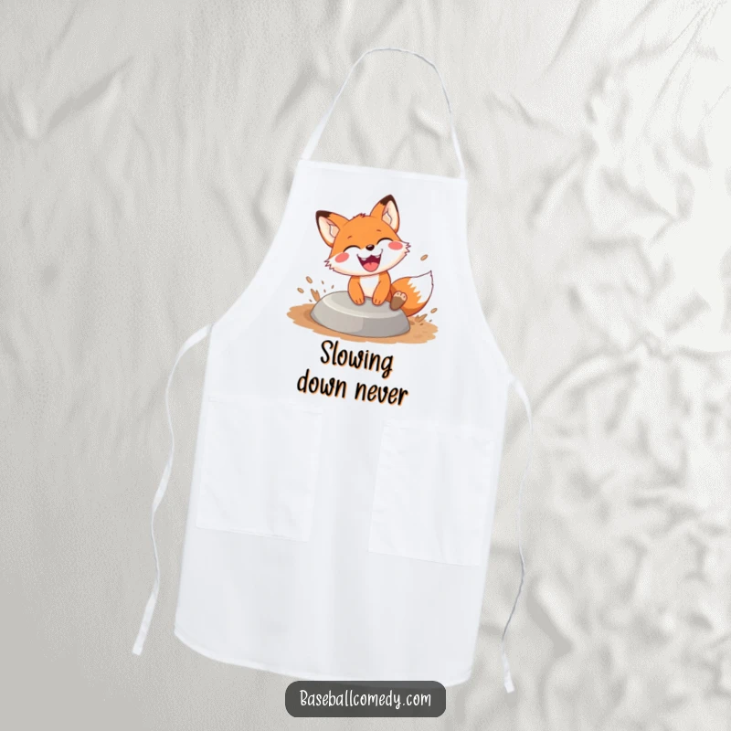 Funny fox sliding apron, a joyful fox slides into base with dirt flying and a huge grin, ideal for culinary fun.