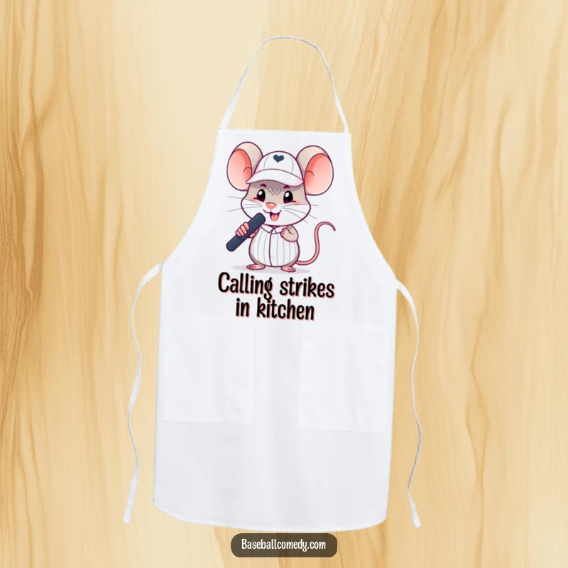 Funny mouse umpire apron showing a silly rodent in a tiny umpire cap, making a baseball call, for kitchen fun.