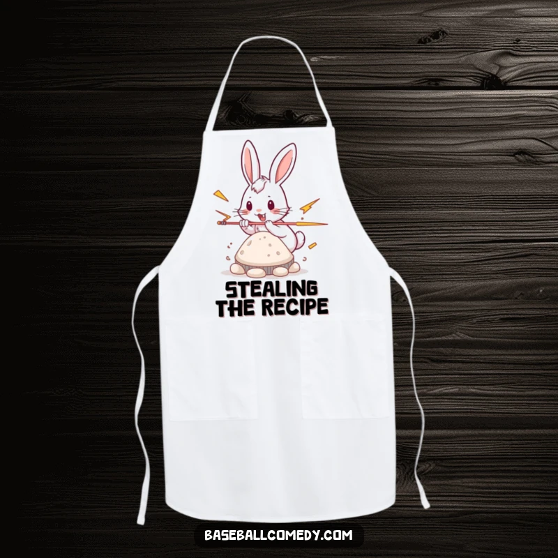 Funny rabbit apron, playfully stealing a base with lightning speed, humorous kitchen accessory.