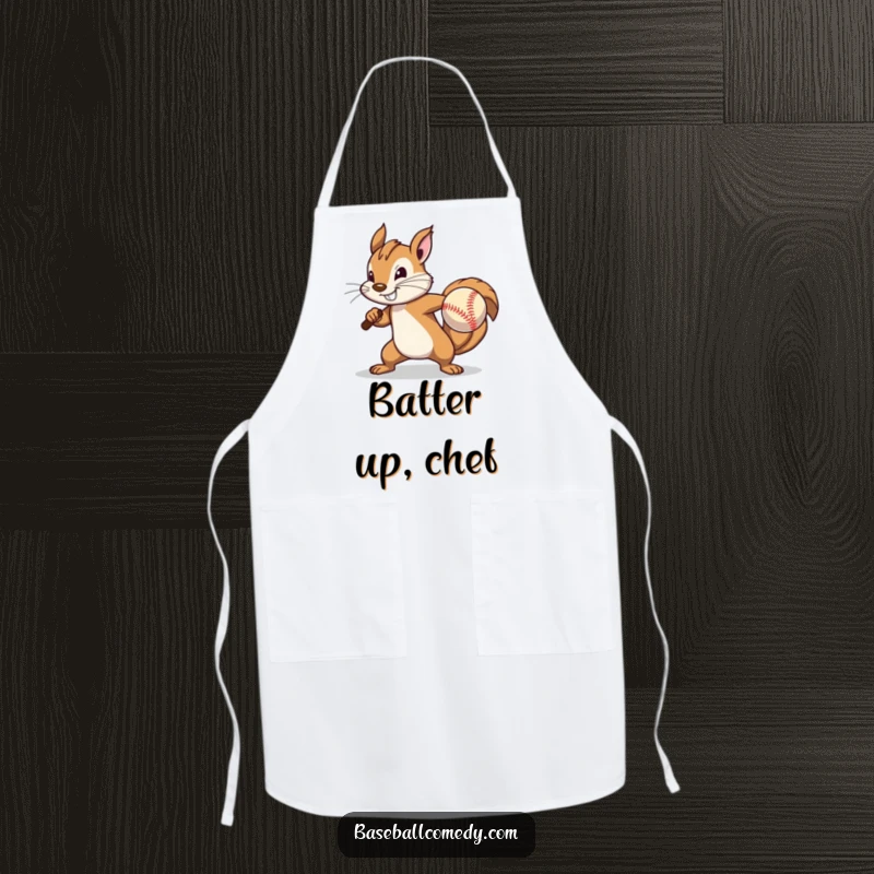 Funny Apron: A determined squirrel pitches a baseball with great effort, designed for the hardworking chef.