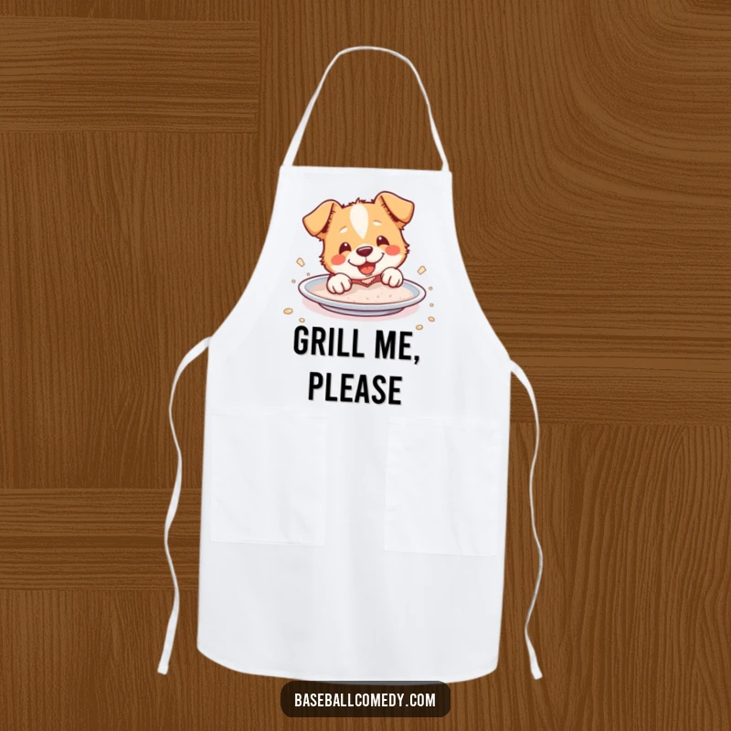 Funny Apron: A cheerful dog slides into home plate, covered in dust, designed for the playful cook.