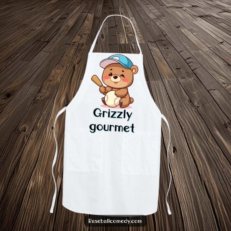 Funny Apron: A smiling bear wearing a baseball cap enthusiastically swings a bat, ready to cook up a storm.