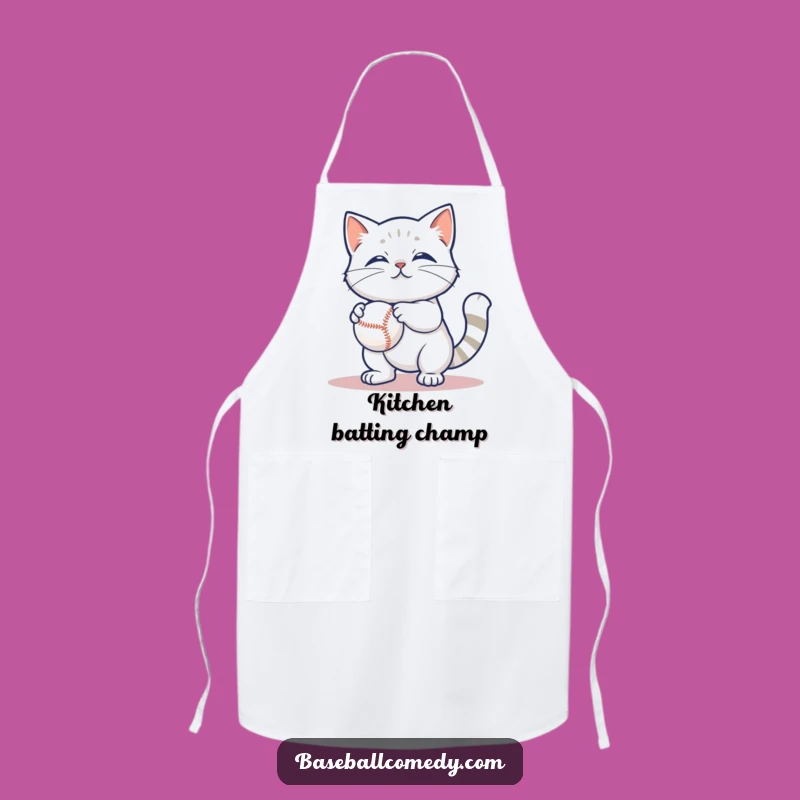 Funny Cat Baseball Apron: Playful Batter, Humorous Kitchen Gift for Cat Fans