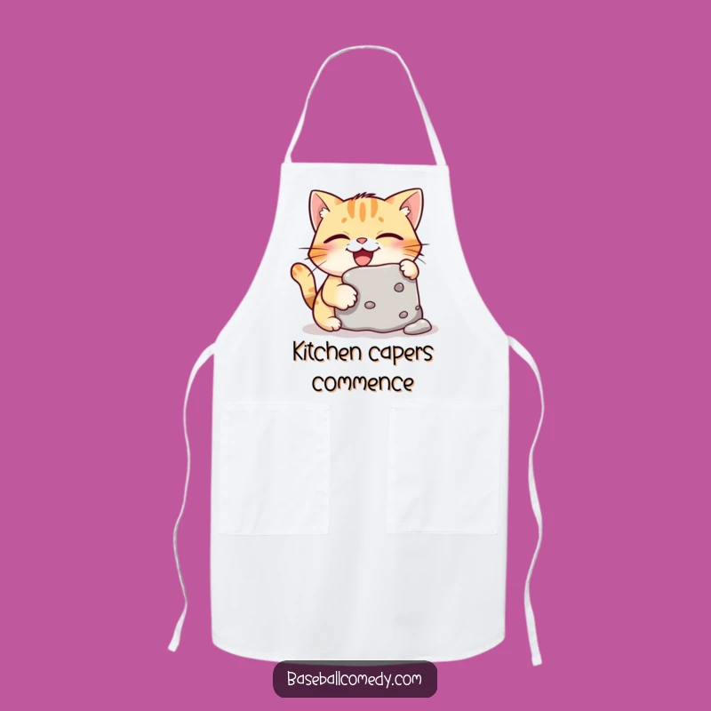 Funny Giggling Cat Stealing Base Apron - Kitchen Baseball Humor Wear
