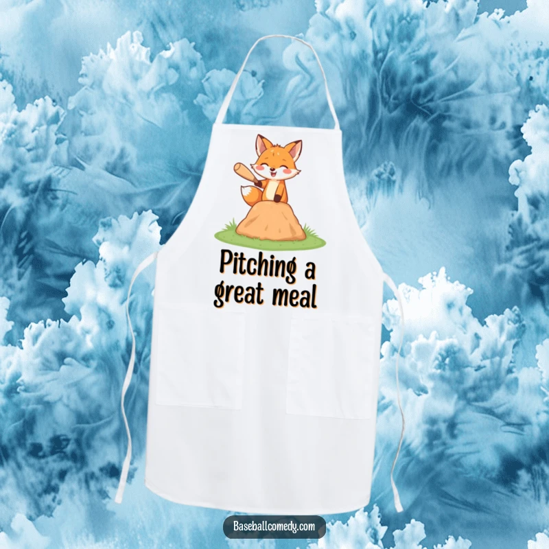 Funny fox apron, happily pitching a baseball from a miniature mound, humorous kitchen apparel.