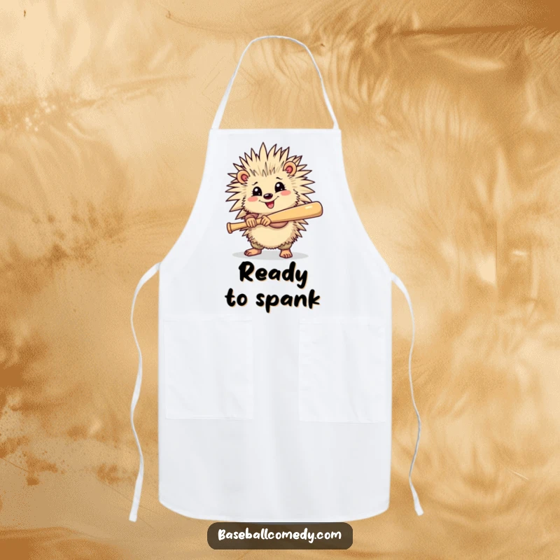 Funny apron with a cheerful porcupine holding a baseball bat, ready to swing, perfect for a determined cook.