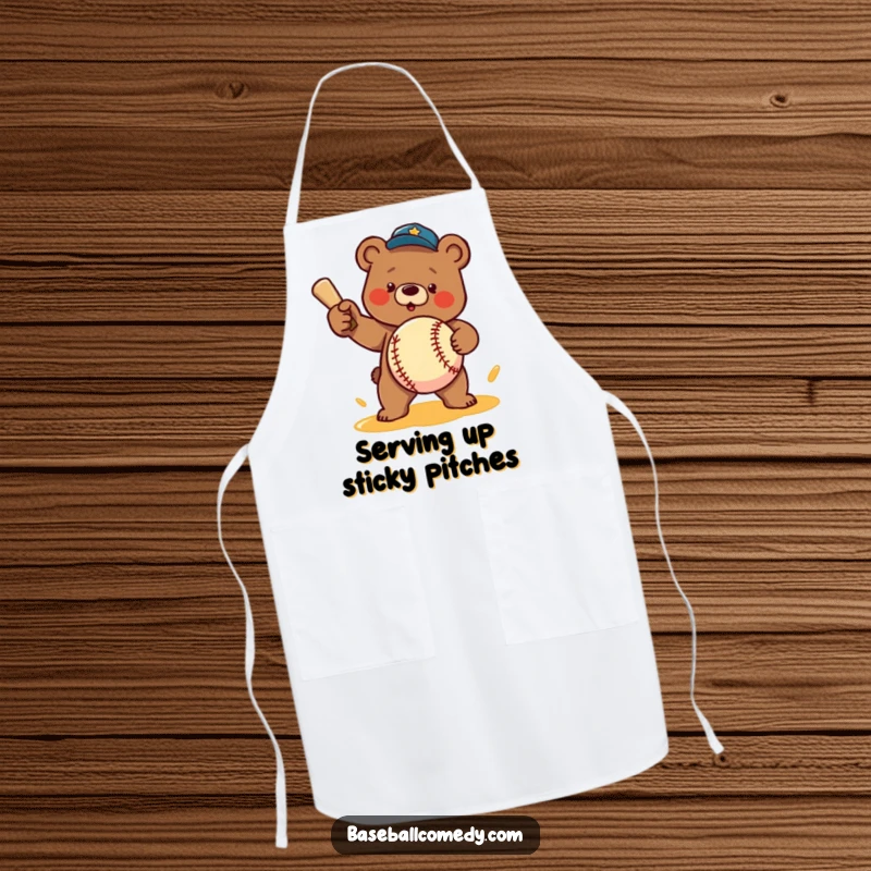 Funny apron: A determined bear pitches a baseball made of honey, a humorous and practical kitchen accessory.