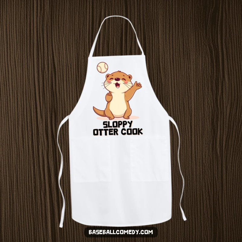 Funny apron with a playful cartoon otter juggling baseballs in the air, ready to cook up a storm with skill.