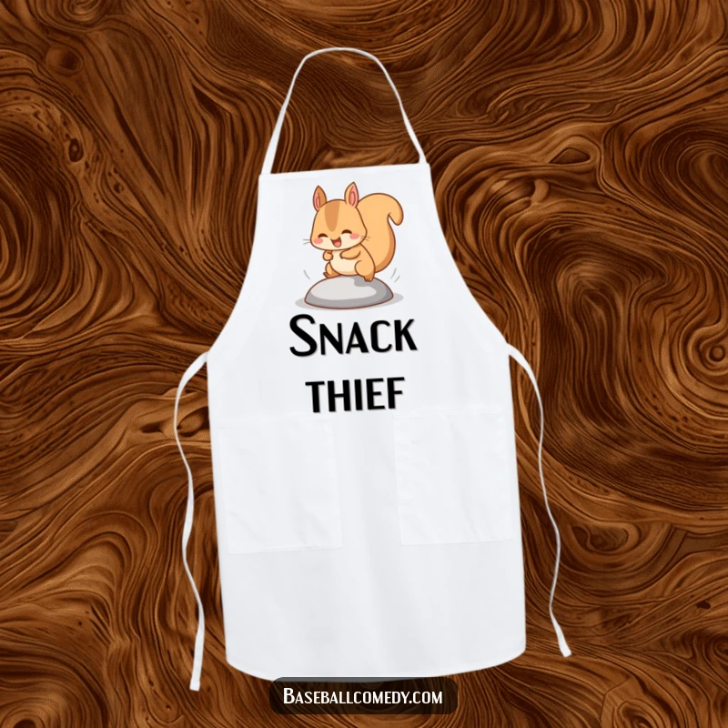 Funny squirrel apron showing a happy squirrel stealing a base, tiny legs pumping fast, perfect for the kitchen.