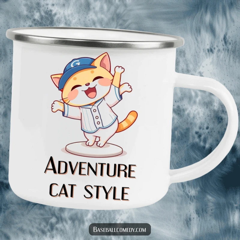 Funny cat in baseball attire performing a cartwheel in a camping setting, durable speckled mug, humorous outdoor gear.