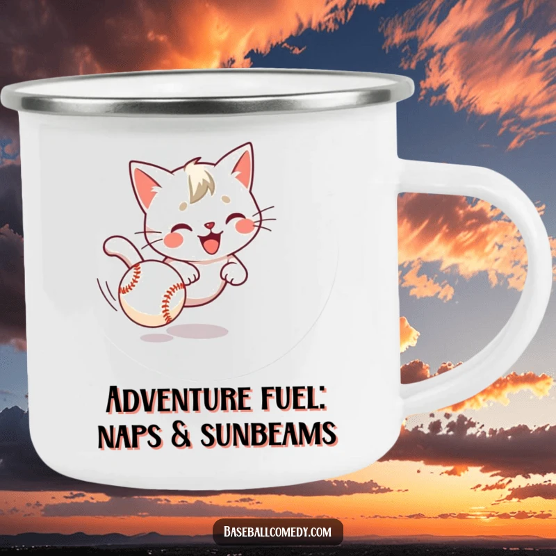 Funny cat camping mug illustrating a playful kitten hilariously chasing a baseball, bringing humor to outdoor settings.