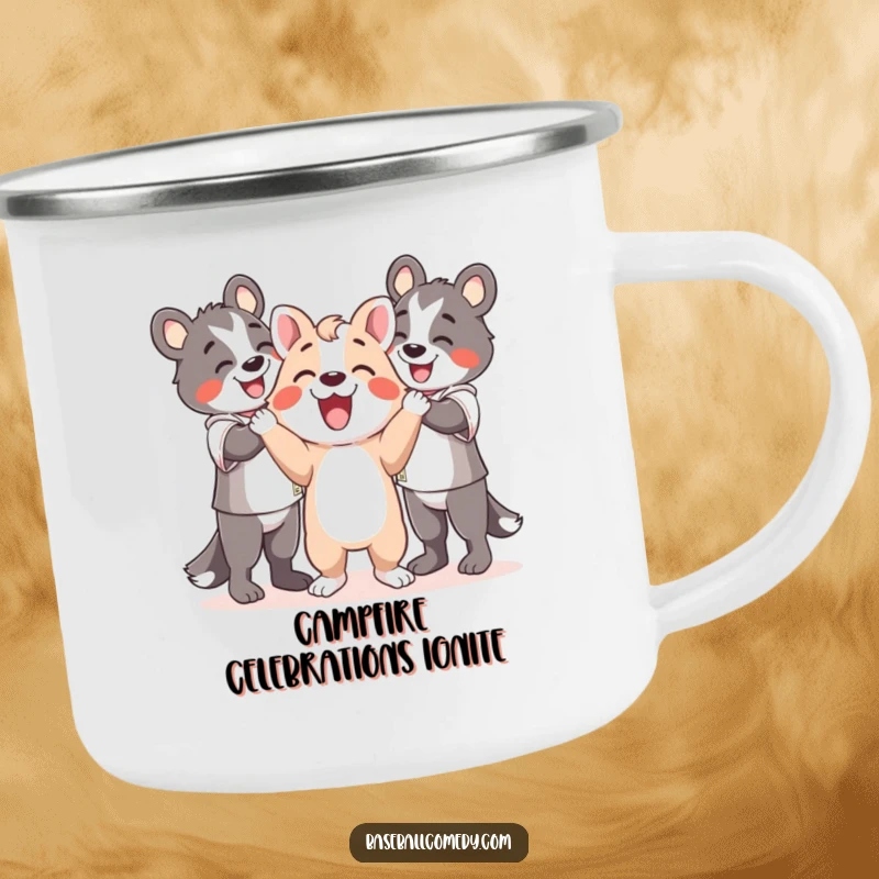 Funny camping mug featuring a happy animal celebrating with teammates, symbolizing adventure, joy, and shared success.