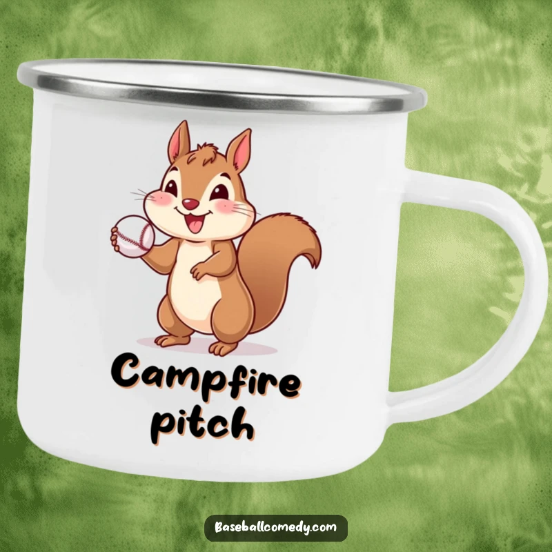 Funny camping mug with a cheerful squirrel throwing a baseball, ideal for fun outdoor moments.