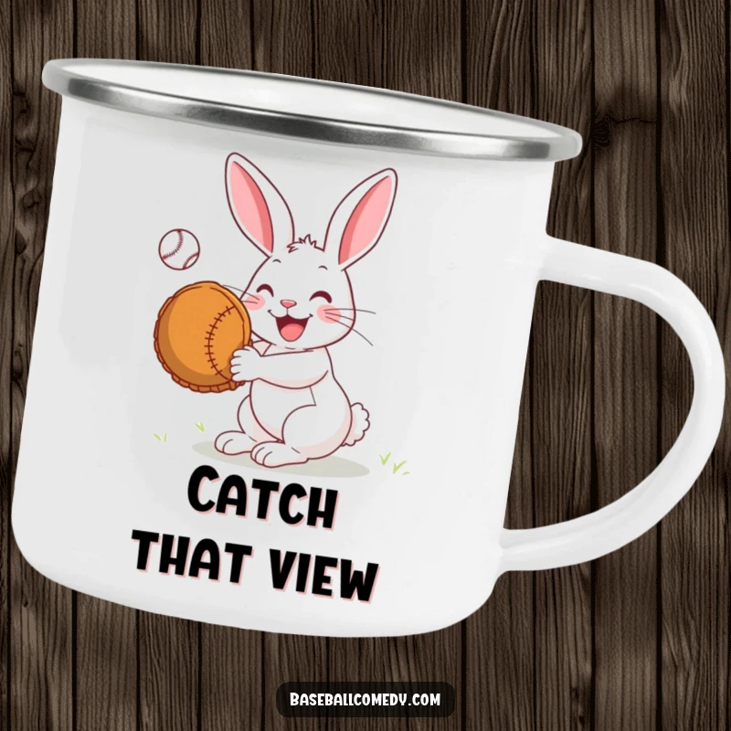Funny Camping Mug: A joyful rabbit catches a baseball with an oversized mitt, ready for outdoor drinks.