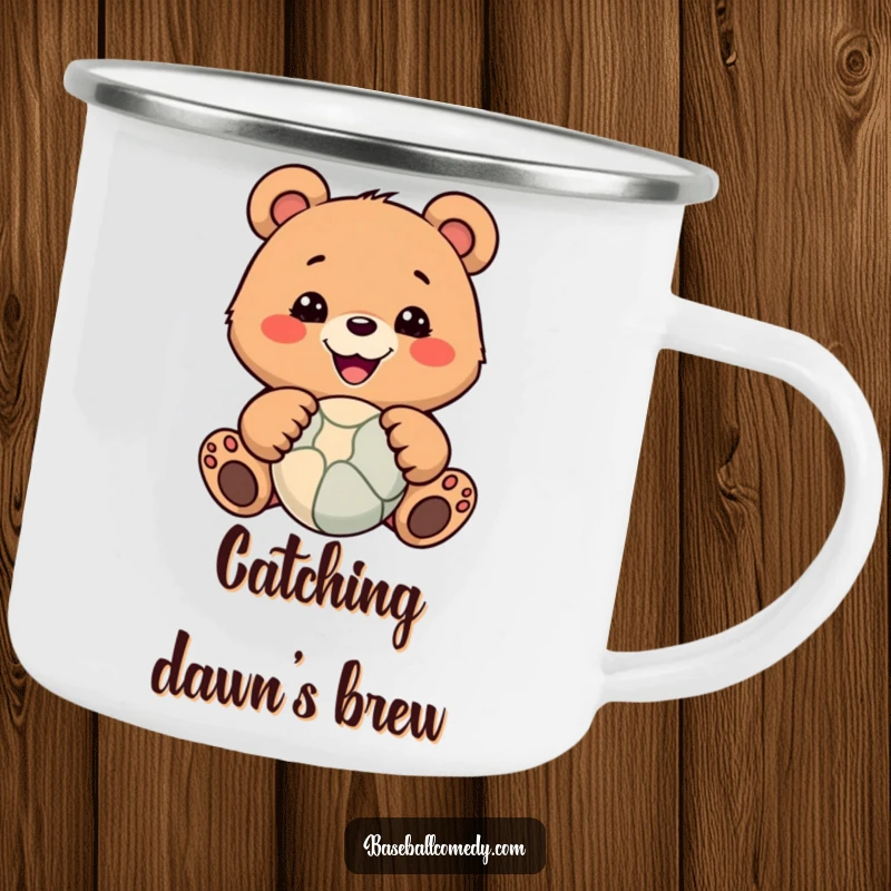 Funny camping mug with a smiling bear expertly catching a ball, perfect for outdoor adventures and humorous sipping.