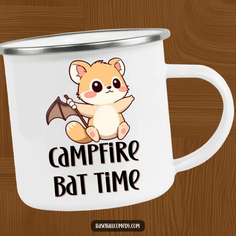 Funny Camping Mug: Cute animal mid-swing, baseball bat ready, showing determination and focus, perfect for outdoor adventures.