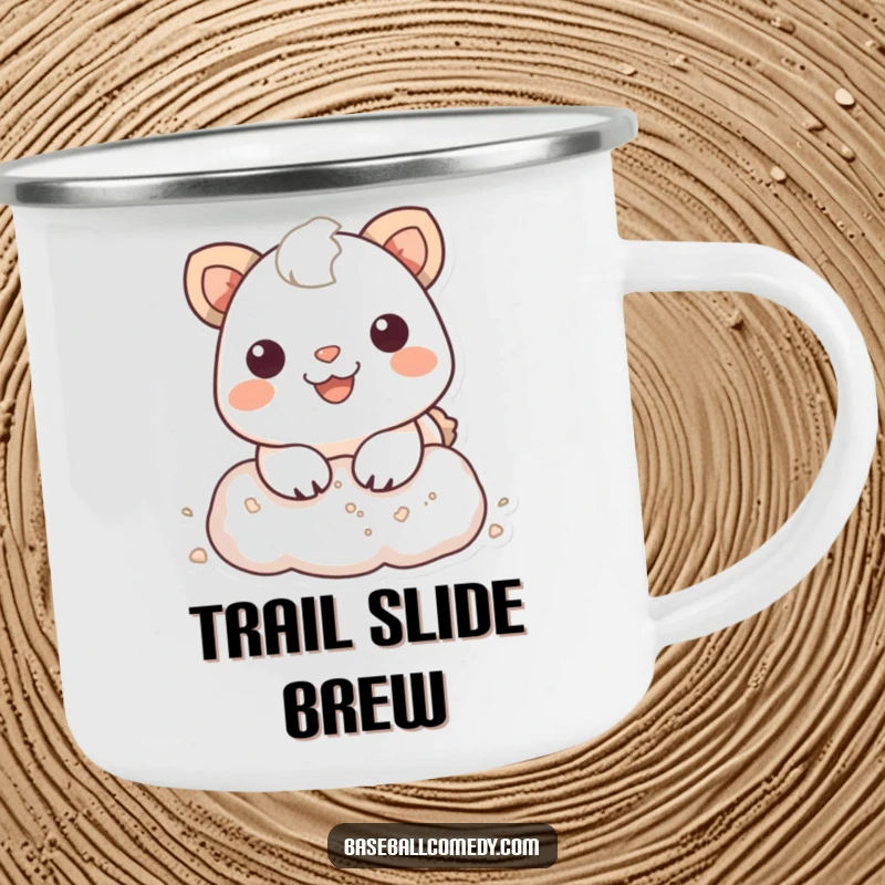Funny Camping Mug: Smiling animal sliding into a base, dust cloud, perfect for outdoor adventures and a dose of humor.