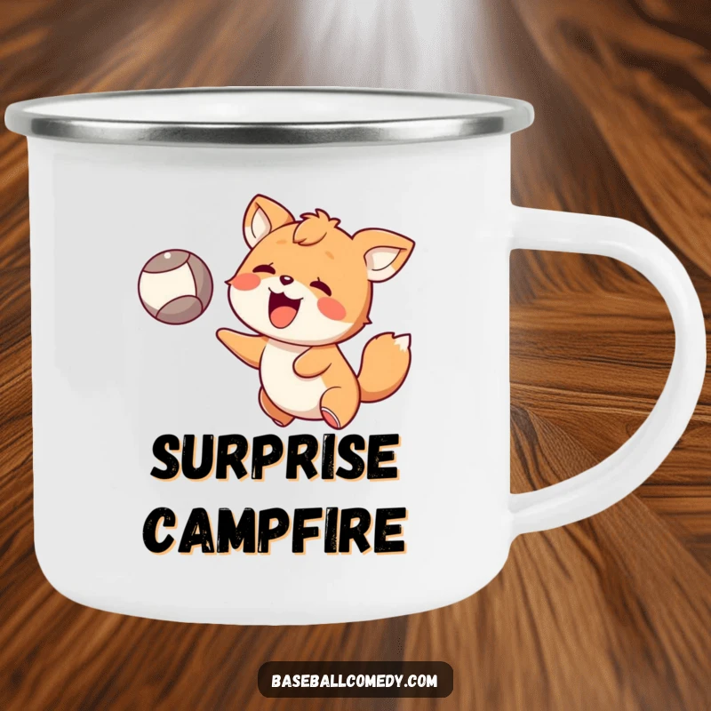 Funny Camping Mug: Happy animal with a surprised expression catching a flying ball, perfect for outdoor fun and humor.