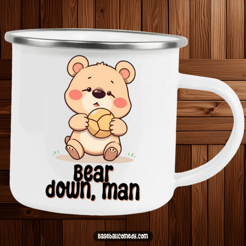Funny goofy bear missing a catch, ball bouncing off its nose, on a durable camping mug for outdoor use.