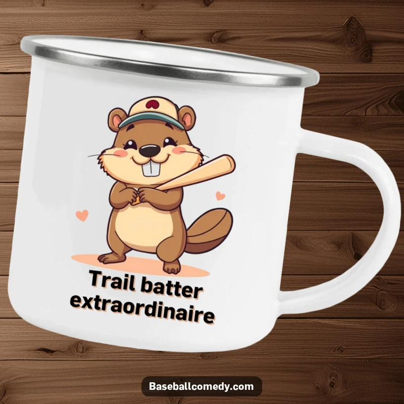 Funny camping mug featuring a brave beaver with a big smile hitting a baseball home run, perfect for outdoor fun.