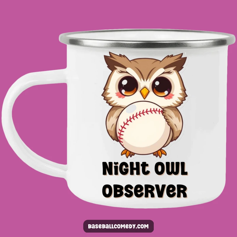 Funny Curious Owl Camping Mug: Wide-Eyed Wonder, Outdoor Baseball Enthusiast Gift