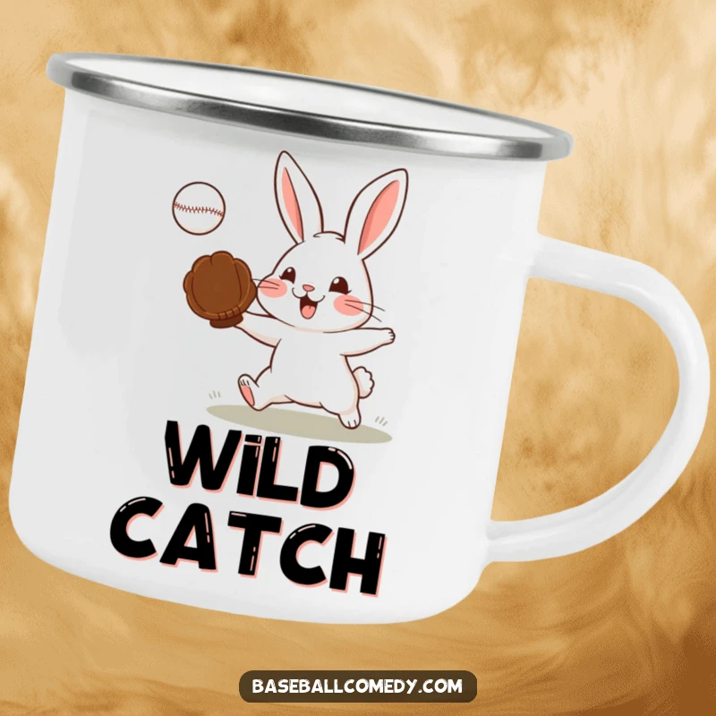 Funny camping mug with a determined rabbit catching a baseball, ideal for focused outdoor moments.