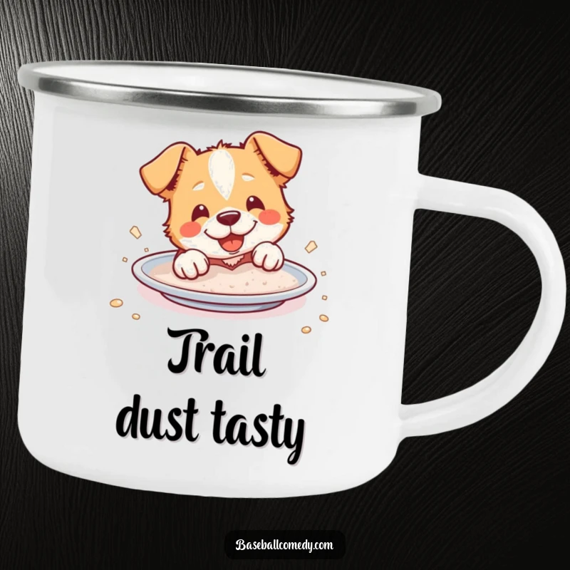 Funny Camping Mug: A cheerful dog slides into home plate, covered in dust, ready for outdoor brews.