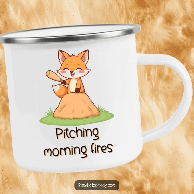Funny fox camping mug, happily pitching a baseball from a miniature mound, durable outdoor gear.