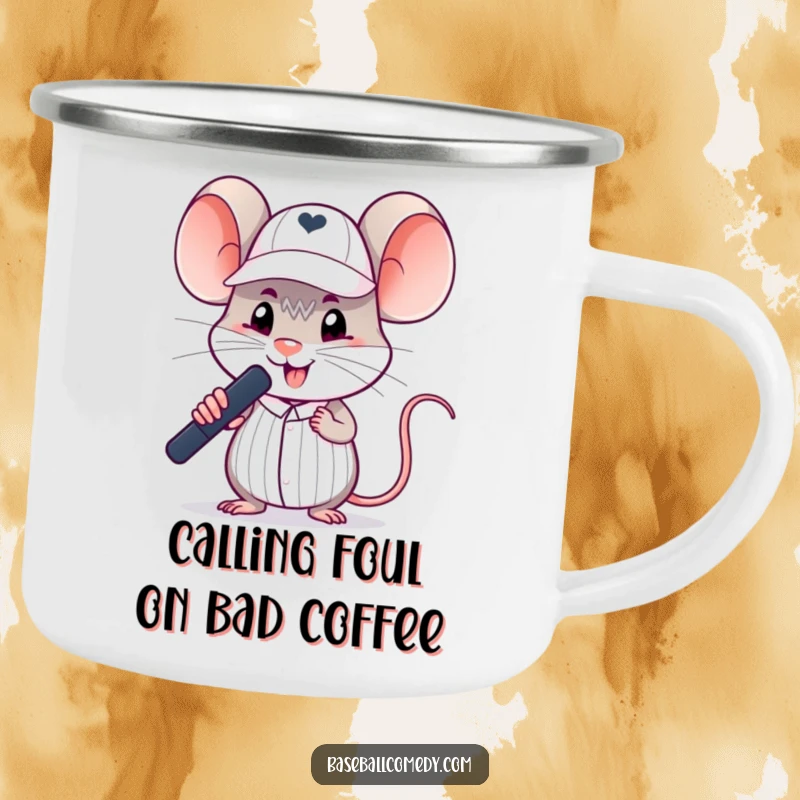Funny mouse camping mug illustrating a silly rodent in a tiny umpire cap making a baseball call, for outdoor fun.