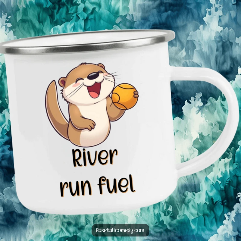 Funny camping mug with a joyful otter enthusiastically catching a foul ball, perfect for outdoor fun.