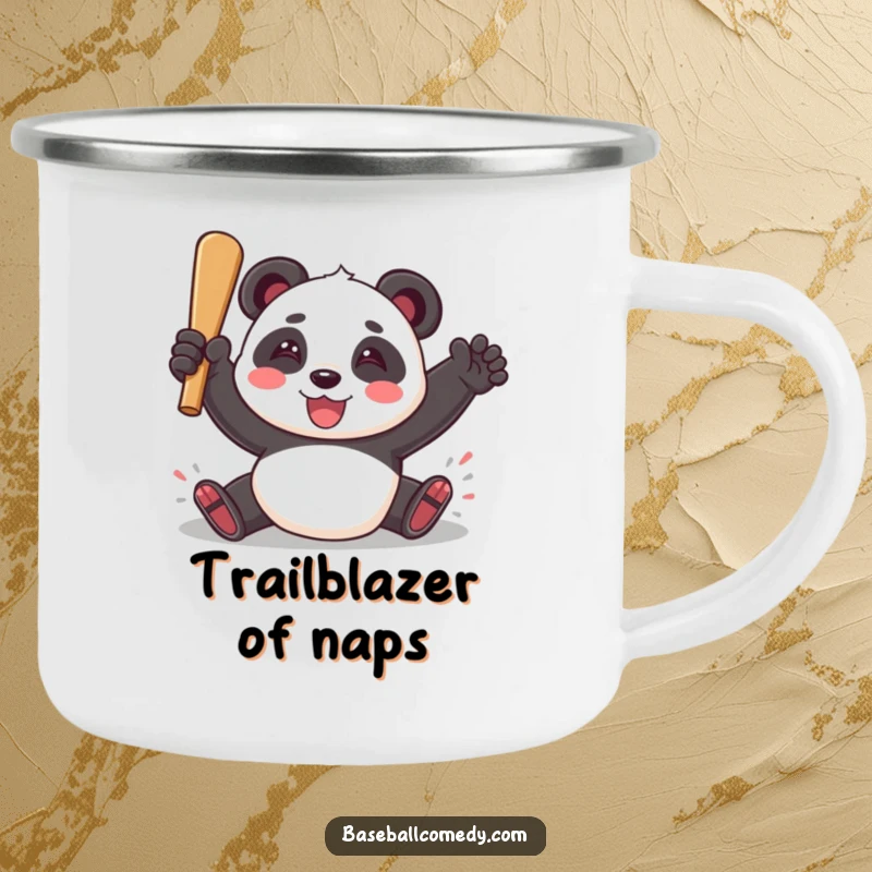 Funny camping mug with a playful panda sliding into home plate with a triumphant smile, ideal for outdoor baseball fans.