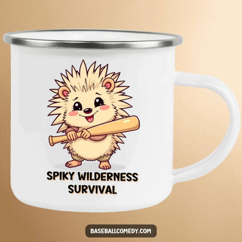 Funny camping mug with a cheerful porcupine holding a baseball bat, ready to swing, perfect for outdoor enjoyment.