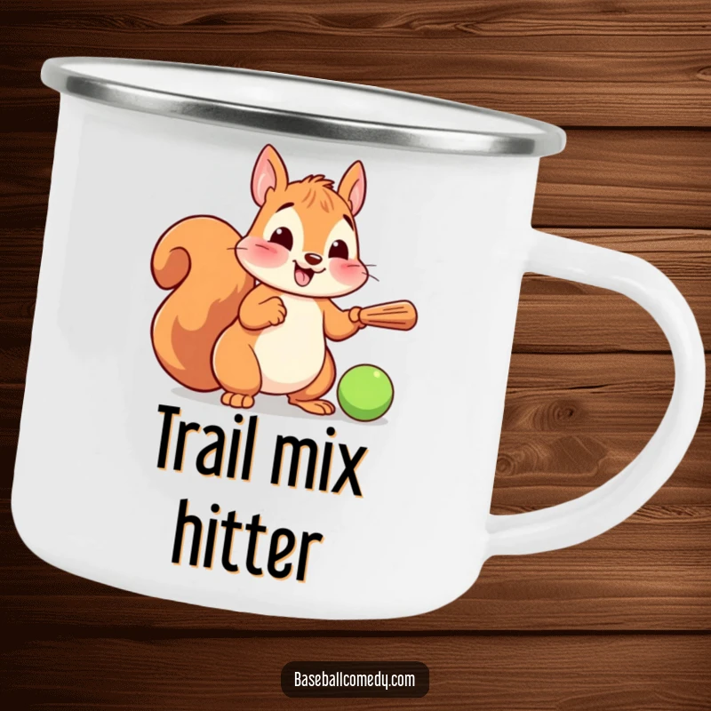 Funny camping mug with a cartoon squirrel playing baseball, swinging a tiny bat, designed for outdoor fun and laughter.