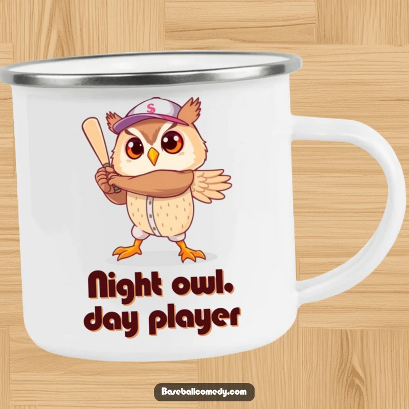 Funny camping mug: A cute owl strikes a heroic baseball player pose, ready for outdoor fun.