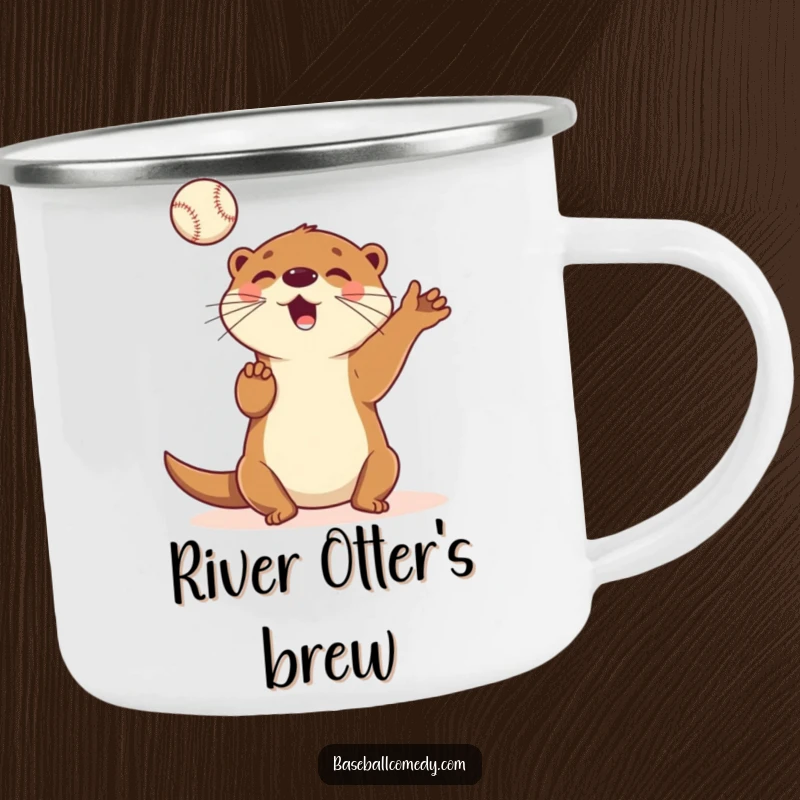 Funny camping mug with a playful cartoon otter juggling baseballs in the air, designed for outdoor fun and smiles.
