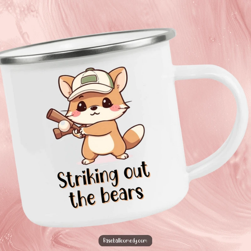 Funny camping mug showcasing a determined animal in a cap, focused on batting a small ball, symbolizing readiness and skill.