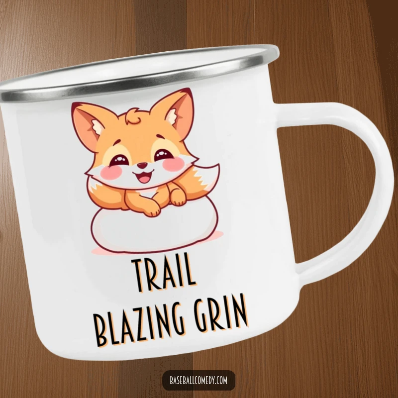 Funny camping mug with a giggling fox sliding into home plate, ideal for outdoor enthusiasts.