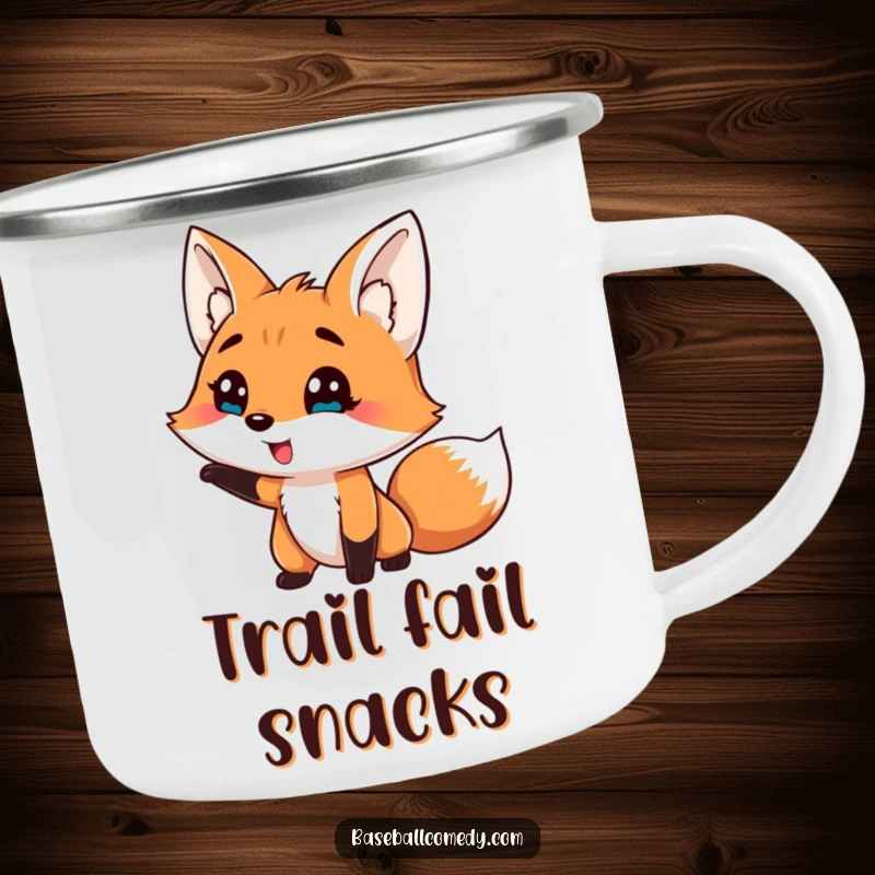 Funny camping mug with a silly fox comically striking out, perfect for humorous outdoor enjoyment.